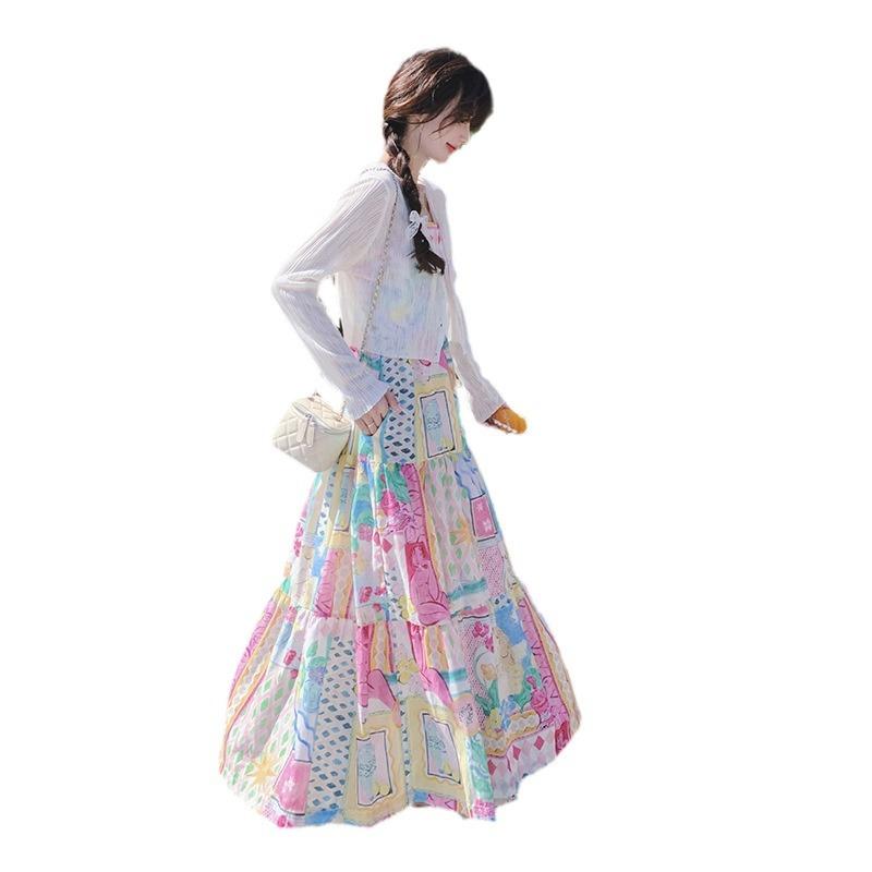 ワンピース レディース キャミソールワンピース ロング丈 夏 カラフル プリント 柄 フレンチ リゾート バカンス Aライン ハイウエスト フェミニン ポリエステル