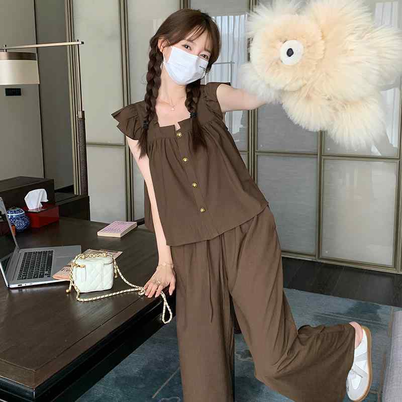 レディース セットアップ モカ フリル袖 半袖 ブラウス ワイドパンツ 2点セット 春夏 若見え エイジレス フェミニン かわいい カジュアル ルームウェア ポリエステル素材