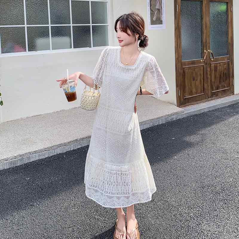 ワンピース レディース 白 レース ミモレ丈 半袖 スクエアネック ハイウエスト Aライン フレア きれいめ フレンチ スウィート ガーリー フェミニン 上品 エレガント 着痩せ スタイルアップ お出かけ デート 春夏 ポリエステル ホワイト