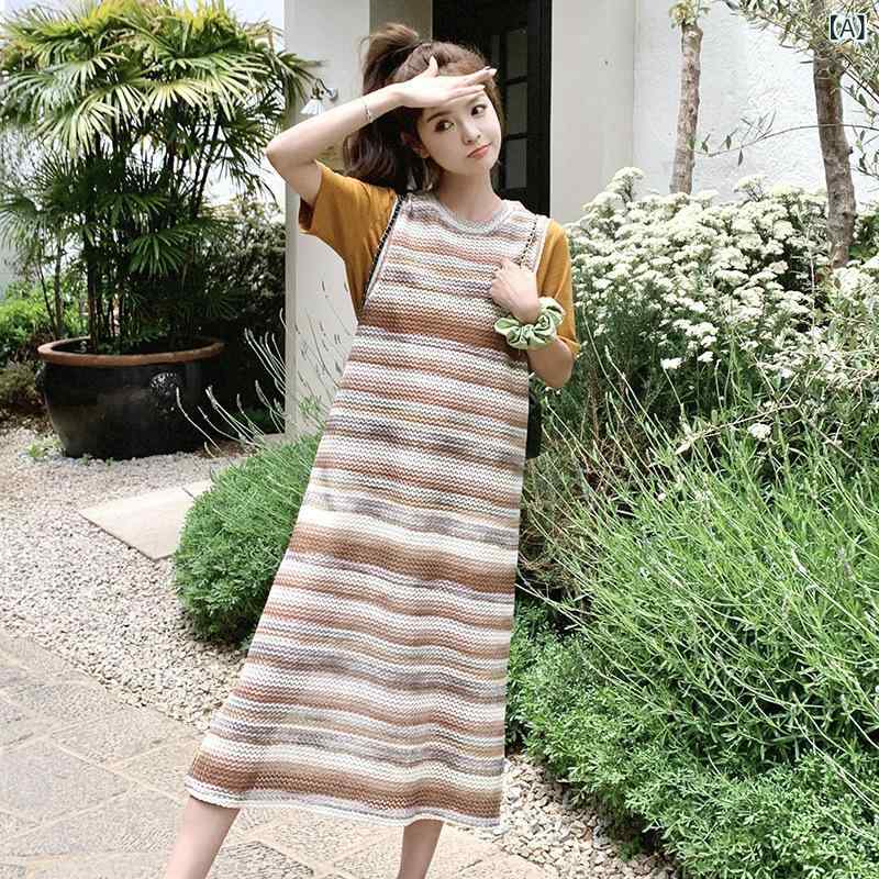 ワンピース レディース フレンチ ストライプ 切り替えデザイン Tシャツ ノースリーブワンピース ツーピース セットアップ カジュアル 春夏 ポリエステル Aライン ミモレ丈 ラウンドネック 半袖 ハイウエスト