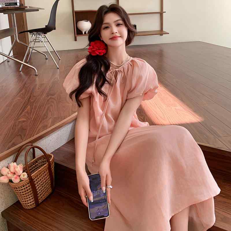 ワンピース レディース ピンク パフスリーブ ロング丈 Aライン 小柄向け フレンチ リゾート スウィート フェミニン ポリエステル 春夏 ラウンドネック