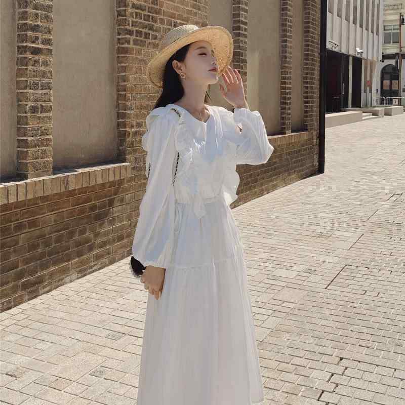 ワンピース レディース オフホワイト 長袖 ロング丈 Aライン フリル袖 ハイウエスト クルーネック ポリエステル フレンチスタイル エレガント フェミニン 着痩せ スウィート 清楚 プルオーバー