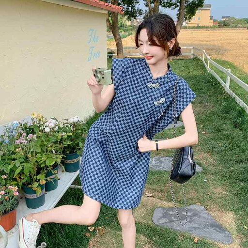 ワンピース レディース ブルー 青 ネオチャイナ 中華風 市松模様 チェッカー柄 Aライン 低身長 小柄 レトロ ヴィンテージ風 デザイン 半袖 クルーネック ハイウエスト ミモレ丈 ポリエステル 春夏 ワンピース レディース ブルー 青 ネオチャイナ 中華風 市松模様 チェッカー柄 Aライン 低身長 小柄 レトロ ヴィンテージ風 デザイン 半袖 クルーネック ハイウエスト ミモレ丈 ポリエステル 春夏