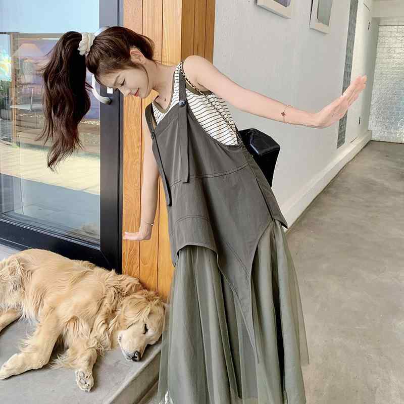 ワンピース レディース サロペットスカート Aライン ミディ丈 ノースリーブ ハイウエスト 夏 アシンメトリー デザイン ゆったり 体型カバー ワークテイスト 韓国風 カジュアル ポリエステル ポケット付き 切り替え