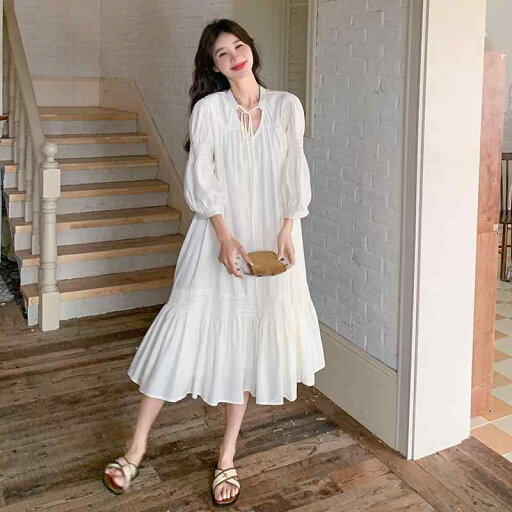 ワンピース レディース フレンチスタイル Vネック ロング丈 春夏 韓国ファッション ゆったり Aライン パフスリーブ 七分袖 ハイウエスト 体型カバー ポリエステル素材 上品 フェミニン ホワイト ワンピース レディース フレンチスタイル Vネック ロング丈 春夏 韓国ファッション ゆったり Aライン パフスリーブ 七分袖 ハイウエスト 体型カバー ポリエステル素材 上品 フェミニン ホワイト