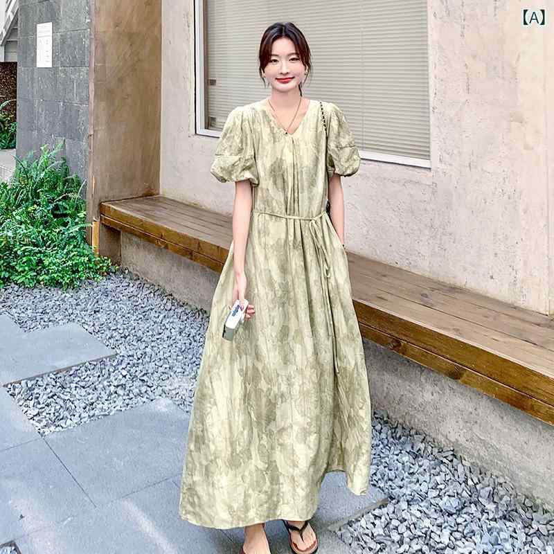 ワンピース レディース グリーン 絞り染め Vネック 半袖 パフスリーブ ロング丈 マキシ丈 体型カバー 細見え Aライン ゆったり フレンチデザイン エレガント 上品 春夏
