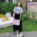 セットアップ レディース Tシャツ ジャンパースカート 2点セット プリント柄 ロング丈 韓国風 少女風 体型カバー 春夏 大人かわいい カジュアル