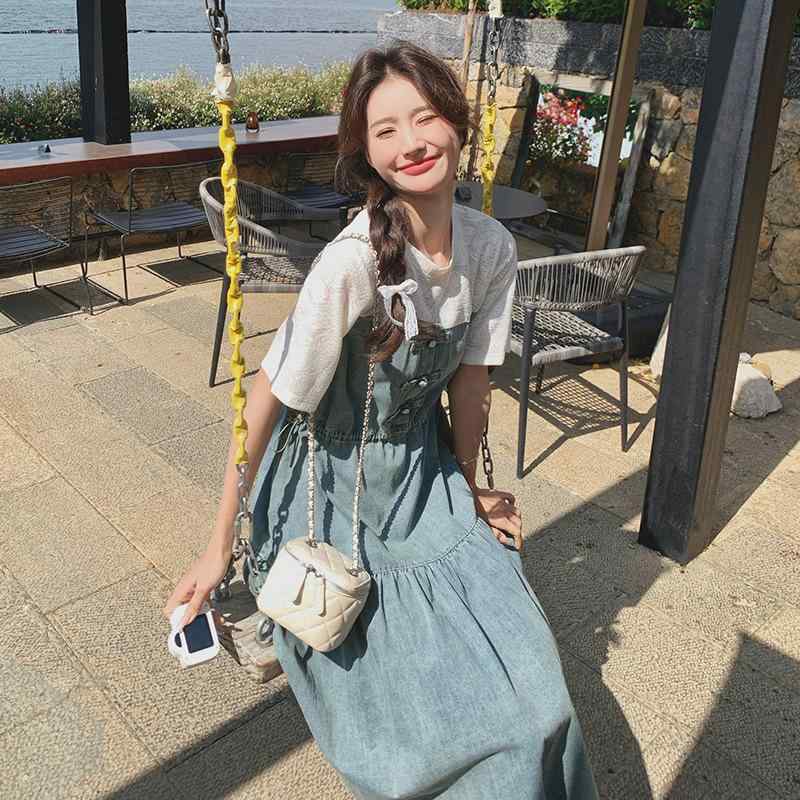 ワンピース レディース フェイクレイヤード 切り替え チャイナ風 デニム ミディ丈 半袖 薄手 レトロ エレガント デザイン 春夏 コットン ラウンドネック ハイウエスト ブルー