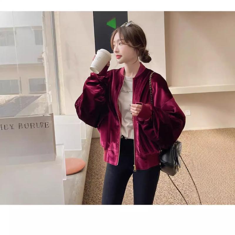 スタジャン レディース ベロア ショート丈 上品 レトロ 韓国風 カジュアル 長袖 クルーネック ジップア..