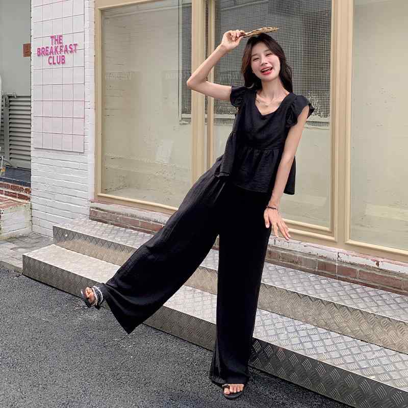 セットアップ レディース 夏 塩系 フリル袖 ショート丈 切り替え ブラウス ハイウエスト ワイドパンツ ..