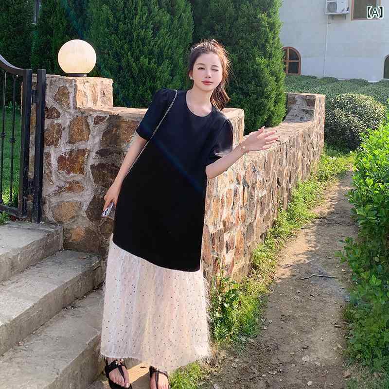 ワンピース レディース パフスリーブ サテン 切り替え フリンジ スパンコール 着痩せ エレガント スウィート 夏 ブラック Aライン ロング丈 半袖 ラウンドネック ハイウエスト ポリエステル