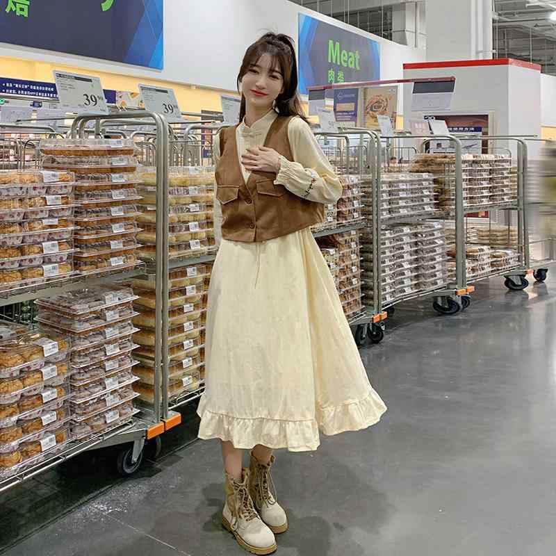 ワンピース レディース セットアップ ベスト 刺繡 チャイナ風 無地 2点セット ミディ丈 長袖 春夏 通勤..