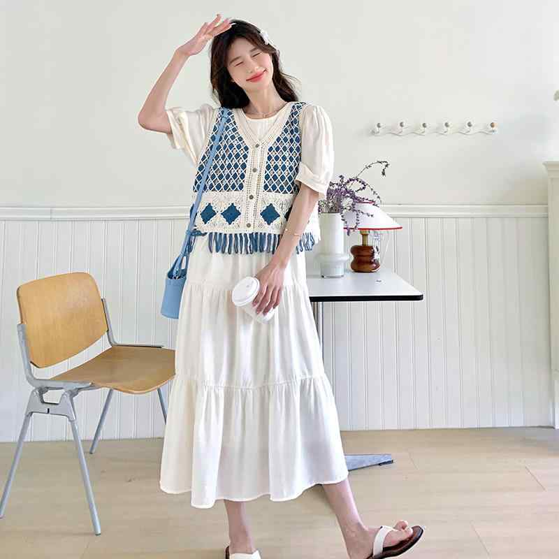 セットアップ レディース ベスト ジレ ワンピース ドレス 透かし編み かぎ針編み フレンチテイスト ナチュラル エレガント ツーピース 春夏 ポリエステル(4)