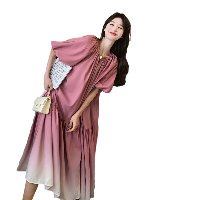ワンピース レディース ラズベリーピンク グラデーション 高級感 フレンチ エレガント フェミニン 春夏 ロング丈 ドレス 女性用 Aライン ラウンドネック ランタンスリーブ 七分袖 ハイウエスト ポリエステル 通勤 きれいめ(4)