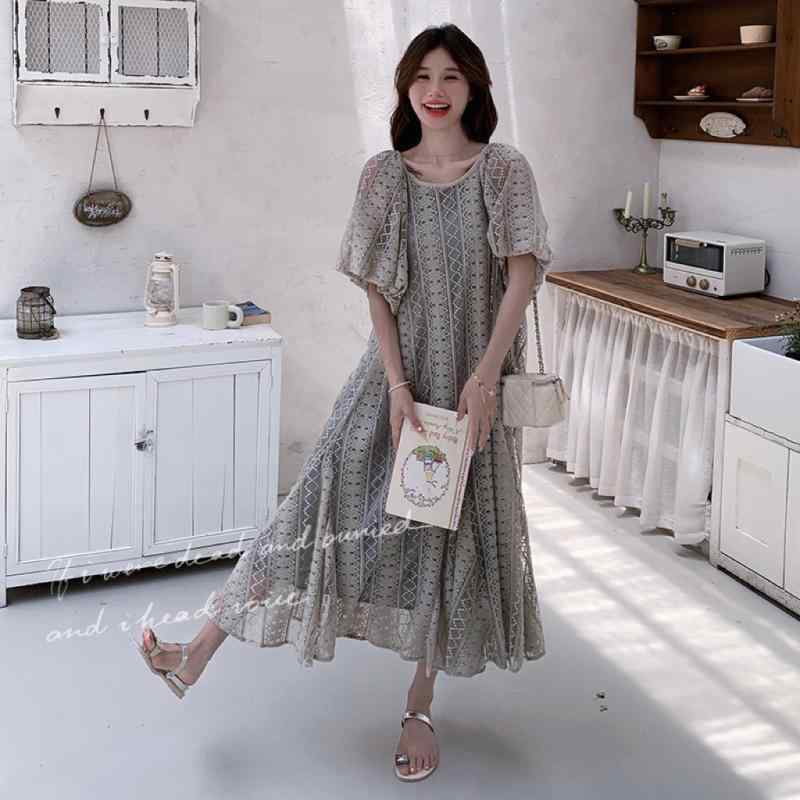 ワンピース レディース フレンチスタイル パフスリーブ レース マーメイド ロング丈 ゆったり リラックス 体型カバー 細見え 上品 エレガント デザイン 夏 通勤 オフィス グレー ポリエステル