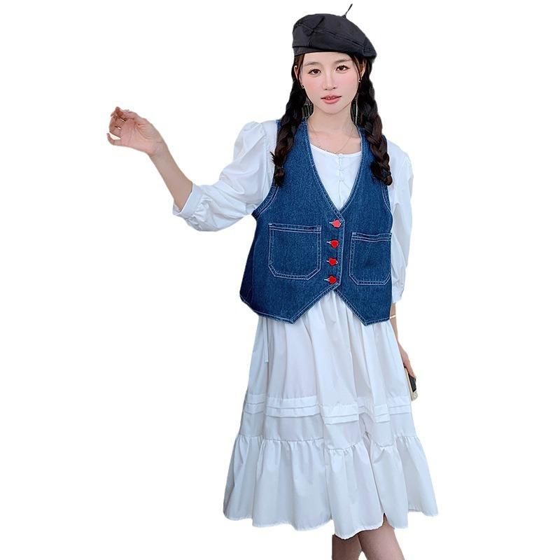 セットアップ レディース デニムベスト ホワイト 初恋風 ミディ丈ドレス 秋冬 塩系スタイル 大人かわい..