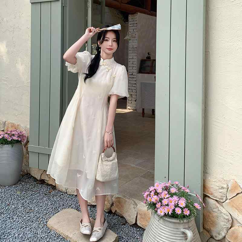 ワンピース レディース 新チャイナ風 刺繍 改良チャイナドレス チャイナボタン ウエストマーク シフォン Aライン ロング丈 春夏 通勤 エレガント ベージュ