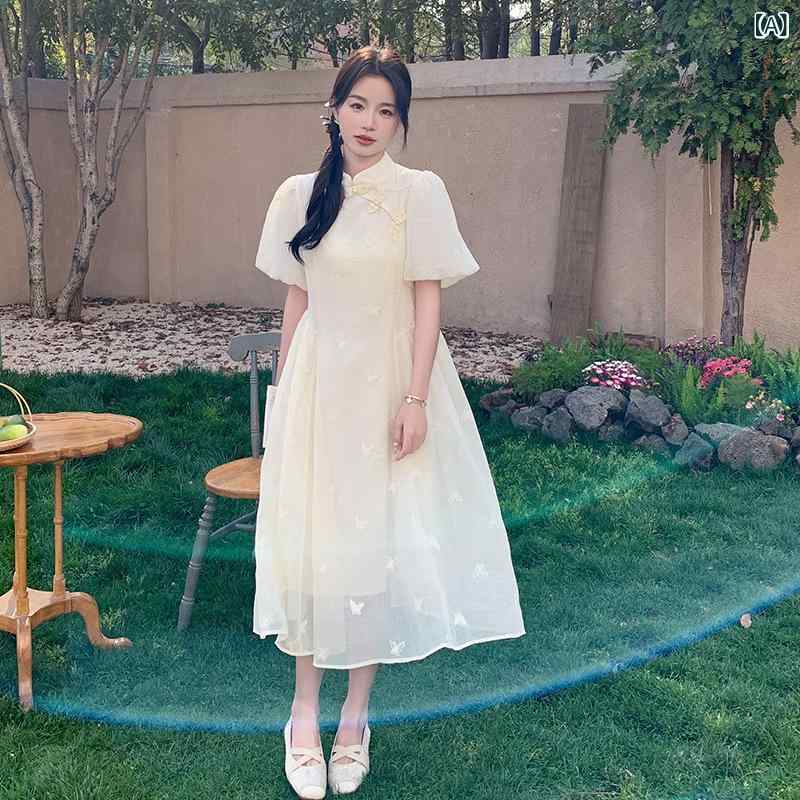 ワンピース レディース 新チャイナ風 刺繍 改良チャイナドレス チャイナボタン ウエストマーク シフォン Aライン ロング丈 春夏 通勤 エレガント ベージュ