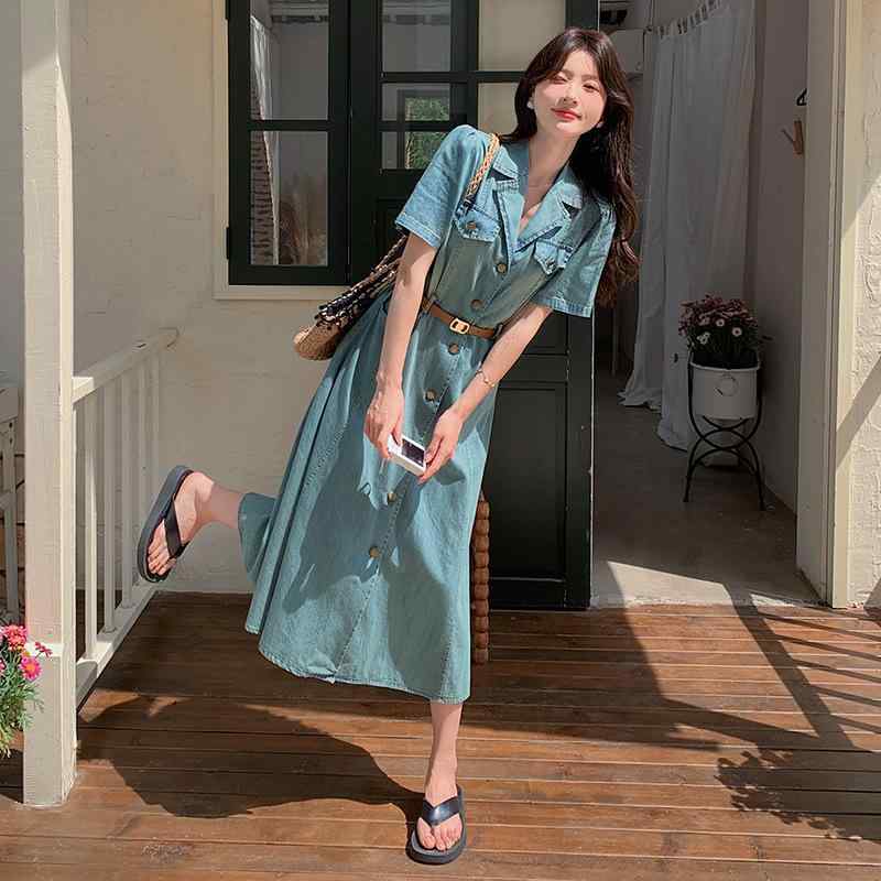 ワンピース レディース デニム ウエストマーク ミディ丈 きれいめ 春夏 低身長 Aライン ポロ襟 半袖 綿..