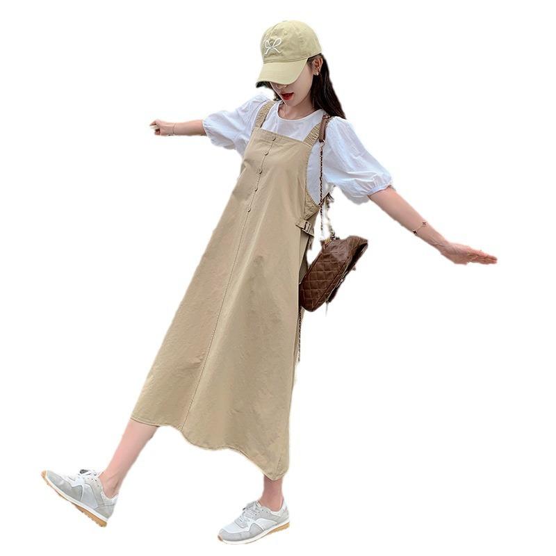 ワンピース レディース セットアップ レトロ エレガント サロペットスカート パフスリーブ 七分袖 トップス 大人かわいい ロング丈 プリーツ 無地 ポリエステル 春夏 カーキ