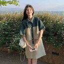ワンピース レディース 小柄 低身長 きれいめ 大人カジュアル フェイクレイヤード 重ね着風 デニム 切り替え シャツワンピース ポロ襟 五分袖 ハイウエスト ミディ丈 春夏|詳細画像