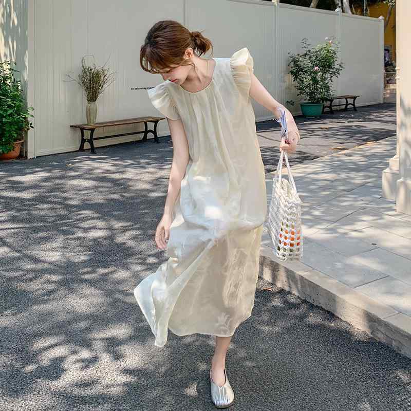 ワンピース レディース オフホワイト プリント柄 フリル半袖 ゆったり 体型カバー Aライン マキシ丈 ラウンドネック ハイウエスト ポリエステル スウィート フェミニン エレガント 夏