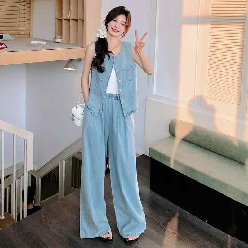 デニム セットアップ レディース ライトブルー 綿混 ベスト ジレ ノースリーブ ゆったり ワイドパンツ レトロ カジュアル 普段使い 夏(4)