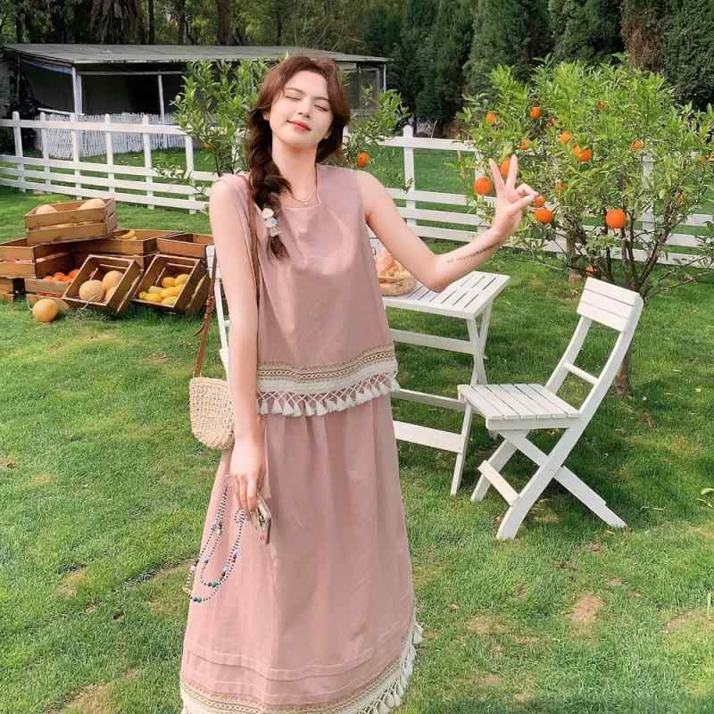 セットアップ レディース ピンク 塩甘系スタイル 爽やか フリンジ ノースリーブトップス 細見え 個性的..