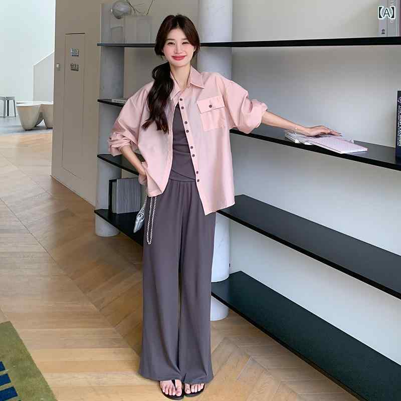 カジュアルセットアップ レディース ピンク 軽量 薄手 ポリエステル シャツ ブラウス キャミソール タンクトップ ワイドパンツ ロング丈 韓国風 リラックス ゆったり 春夏