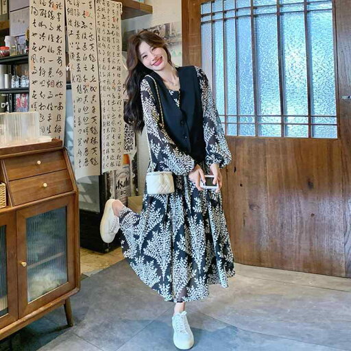 ワンピース レディース ブラック PUレザー ジレ 花柄ドレス セットアップ 秋 デザイン性 スタイルアップ 上品 フェミニン レトロ ミディ丈 ポリエステル 半袖 ラウンドネック ワンピース レディース ブラック PUレザー ジレ 花柄ドレス セットアップ 秋 デザイン性 スタイルアップ 上品 フェミニン レトロ ミディ丈 ポリエステル 半袖 ラウンドネック