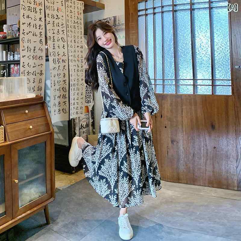 ワンピース レディース ブラック PUレザー ジレ 花柄ドレス セットアップ 秋 デザイン性 スタイルアップ 上品 フェミニン レトロ ミディ丈 ポリエステル 半袖 ラウンドネック