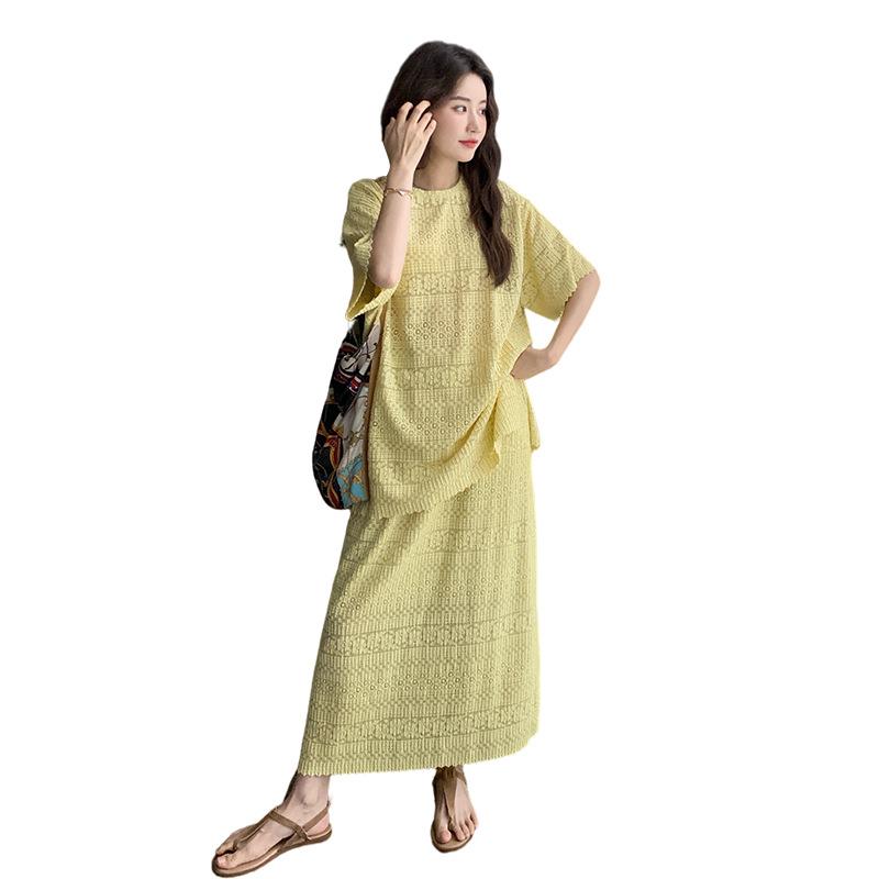 スカート セットアップ レディース イエロー レース切り替え ゆったり 半袖トップス ミディ丈 春夏 2点セット ポリエステル フレンチカジュアル 普段使い