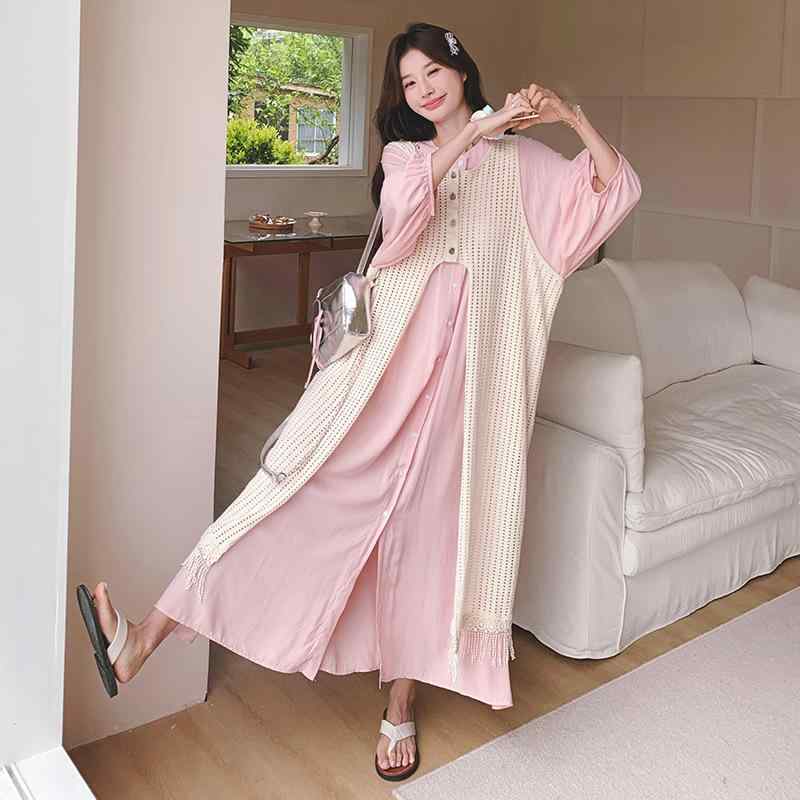 セットアップ レディース ピンク 透かし編み ブラウス ロングスカート 2点セット フレンチスタイル アシンメトリー ポリエステル 春夏 普段使い