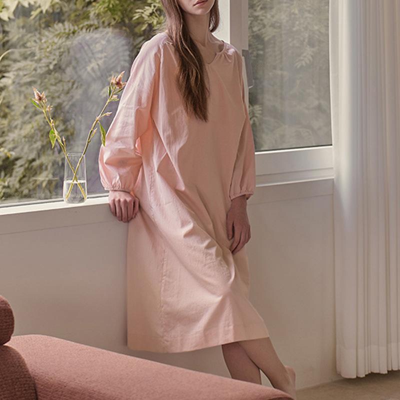 ワンピース 長袖 ロングスリーブ 綿 コットン Vネック ミディ丈 ひざ下丈 ゆったり ルーズ カジュアル ..