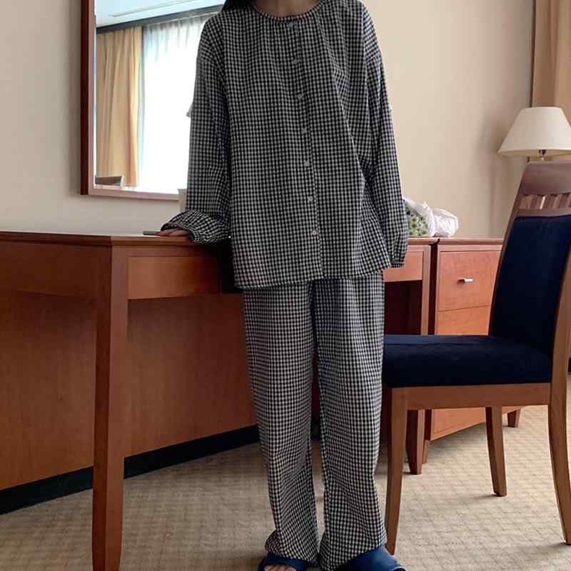 ルームウェア カップル パジャマ 韓国風 チェック柄 綿 前開き 2点セット 長袖 長ズボン シンプル 快適 リラックス 部屋着 ワンマイルウェア オールシーズン