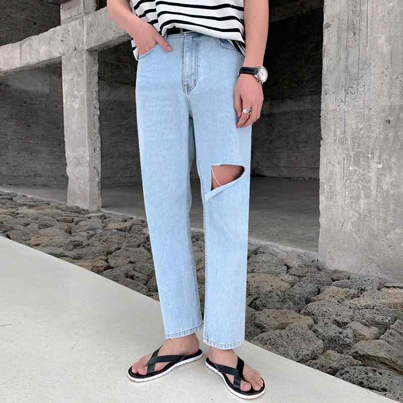 デニムパンツ メンズ 9分丈 クロップド丈 ストレート ゆったり ルーズフィット ダメージ加工 クラッシュ ライトブルー 淡 春夏 トレンド カジュアル 普段使い 着回し