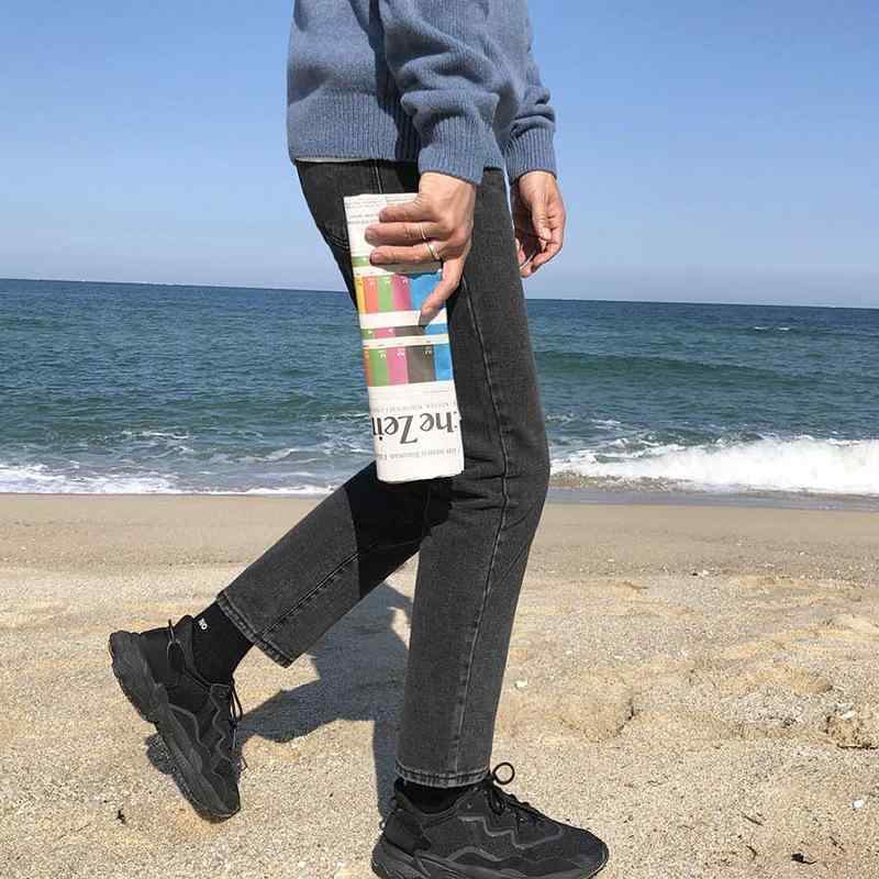 Climbing Pants - デニムパンツ メンズ 秋冬 裏起毛 ブラック ルーズストレート カジュアル ウォッシュ加工 ポリエステル ミドルウエスト ボトムス 長ズボン