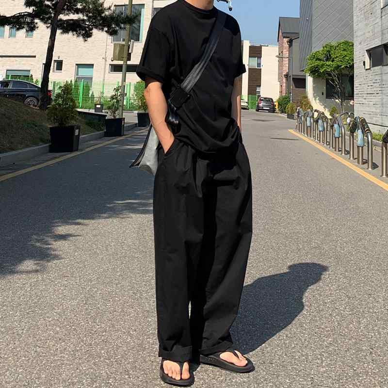 カジュアルパンツ メンズ ブラック ワイドパンツ 韓国風 トレンド ゆったり ストレート ロングパンツ コットン ドレープ 夏 無地 普段使い リラックス 足長効果