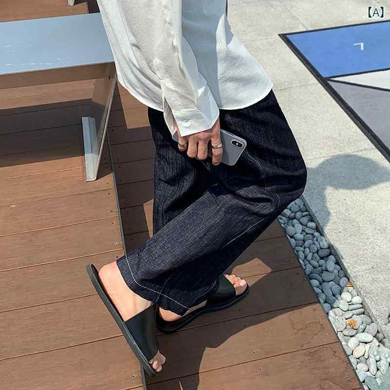デニムパンツ メンズ 男性用 ワイド ストレート ゆったり ルーズフィット カジュアル 長ズボン 韓国風 夏物 ネイビー 紺