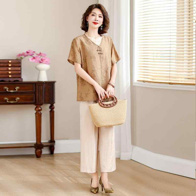 セットアップ レディース ミセス 半袖 Tシャツ 9分丈パンツ ゆったり 大きいサイズ 体型カバー 春夏 おしゃれ 上品 薄手 ポリエステル リラックスウェア 2点セット