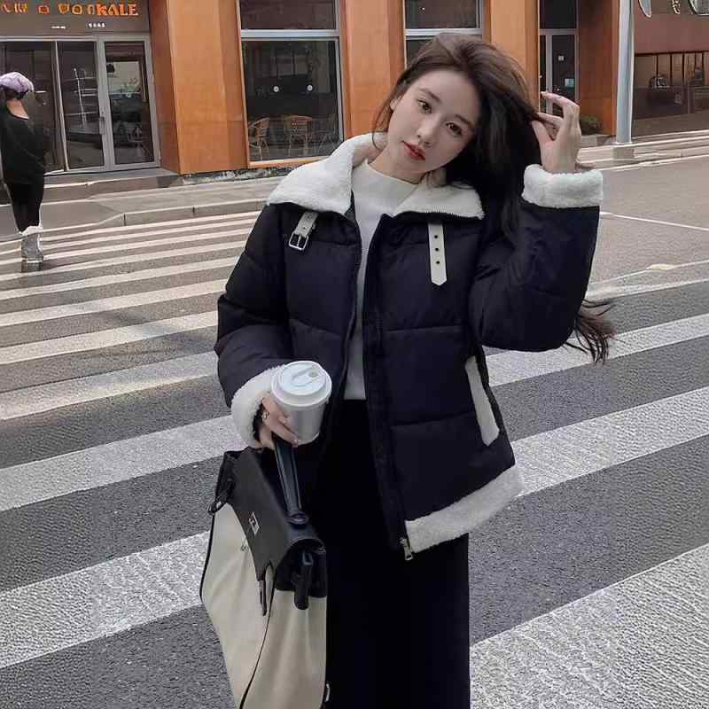 中綿ジャケット レディース ボア 切り替え ショート丈 厚手 韓国風 プレッピー パファージャケット 襟付き ファスナー ポケット付き ポリエステル 秋冬 きれいめ 通勤 通学 スリムフィット