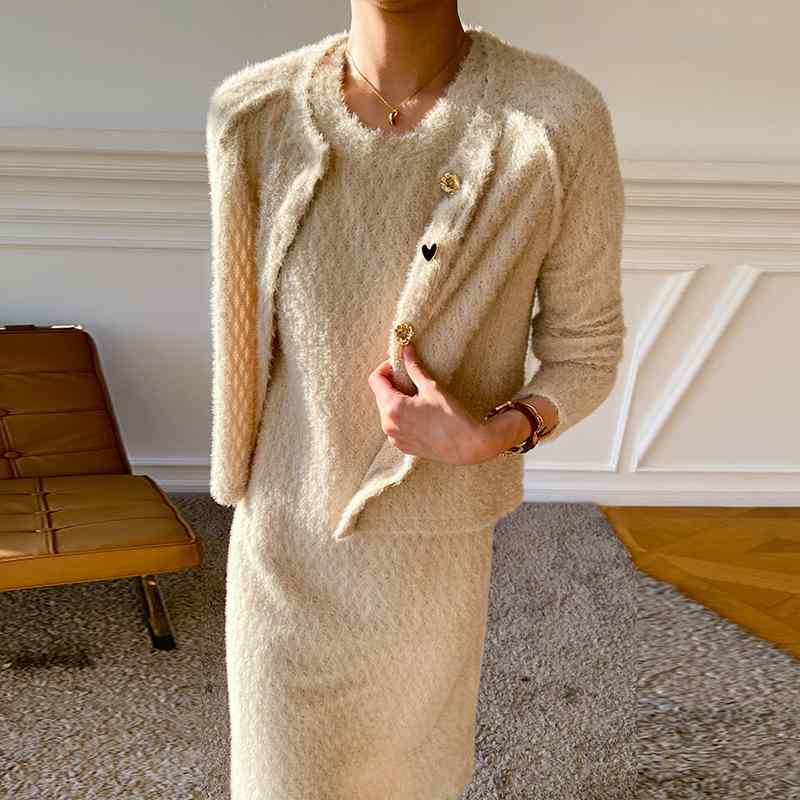 セットアップ レディース ニット 2点セット ワンピース ロング丈 秋冬 上品 エレガント きれいめ 通勤 オフィス カジュアル ラウンドネック 長袖 タイトシルエット ポリエステル