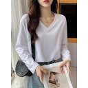 Tシャツ レディース Vネック 長袖 コットン ゆったり 体系カバー インナー 春秋 リボン オフィス カジュアル ホワイト ブラック アプリコット
