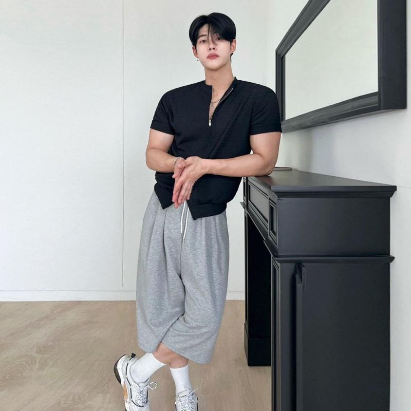 Tシャツ メンズ 半袖 ダブルジップ スリムフィット 無地 クルーネック ポリエステル 高級感 韓国風 通勤 普段使い ジム トレーニング スポーツウェア 春夏 ブラック