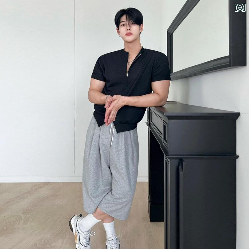 Tシャツ メンズ 半袖 ダブルジップ スリムフィット 無地 クルーネック ポリエステル 高級感 韓国風 通勤 普段使い ジム トレーニング スポーツウェア 春夏 ブラック