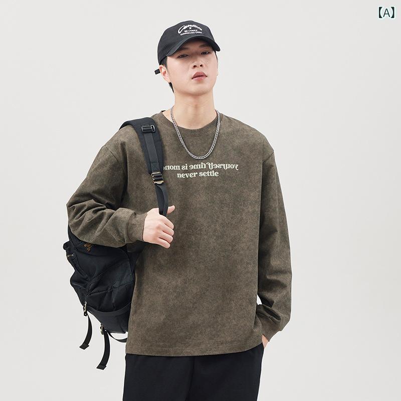 Tシャツ メンズ 長袖 ヘビーウェイト 300g コーマ綿 ろうけつ染め ウォッシュ加工 ワイルド風合い 通気性 吸汗速乾 ゆったり 大きいサイズ ロックグリーン 春秋 カジュアル トップス