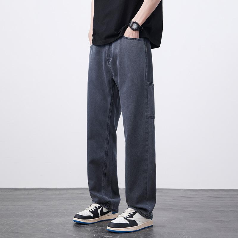 デニムパンツ メンズ 男性 アメリカンヴィンテージ風 アメカジ ウォッシュ加工 ユーズド加工 ルーズフィット ストレート 綿 コットン カジュアル 普段使い ロング丈 春夏 ノンストレッチ ネイビー 紺 カーキ