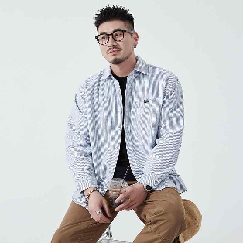 シャツ メンズ 長袖 レトロ ストライプ ゆったり ビッグシルエット ボーイフレンド風 オックスフォード生地 綿 コットン ノーアイロン カジュアル 秋冬 羽織り(4)