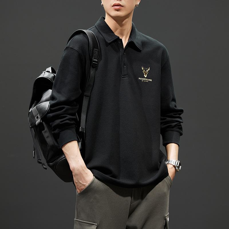 ポロシャツ メンズ アメリカンレトロ 長袖 綿 厚手 ゆったり オーバーサイズ ビッグシルエット ドロップショルダー 襟付き カジュアル デイリーユース トップス 春秋 ブラック ブルー系 ブラウン系