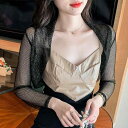 ショール レディース 女性用 夏 レース 綿 メッシュ シースルー ボレロ カーディガン ショート丈 長袖 Vネック スリムフィット 無地 日焼け対策 通勤 きれいめ 切り替え|詳細画像